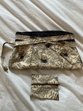 Quilted Wristlet Clutch Pouch Neutral Japanese Style Floral Boho Artsy